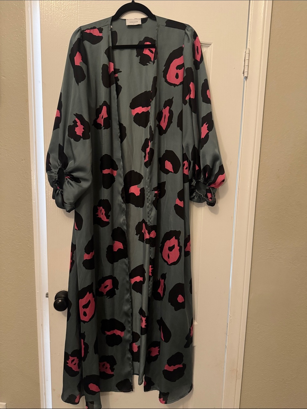 Adrienne Olive Green Long Kimono Coat with Black and Pink Leopard Print